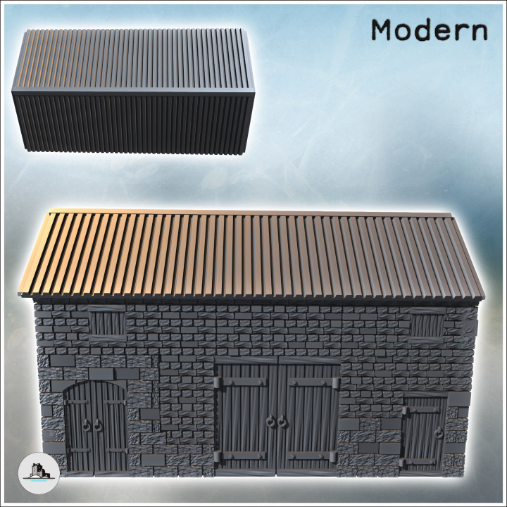 Large stone farm stable with a tin roof and wooden doors (3) - Modern WW2 WW1 World War Diaroma Wargaming RPG Mini Hobby image