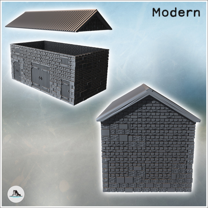 Large stone farm stable with a tin roof and wooden doors (3) - Modern WW2 WW1 World War Diaroma Wargaming RPG Mini Hobby image