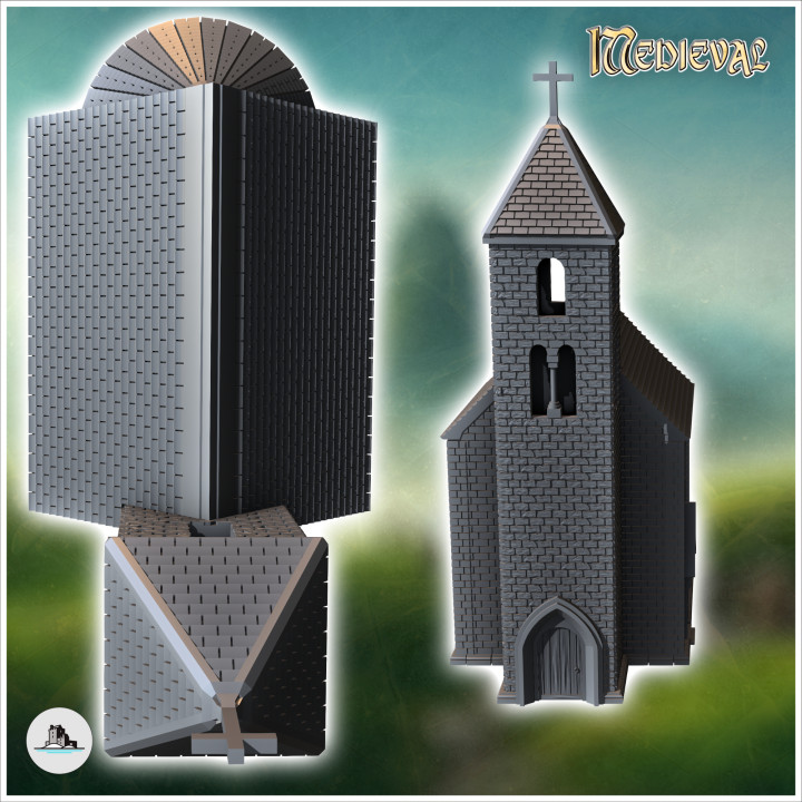Christian chapel in hewn stone with a tiled roof and a gothic-style entrance door (4) - WW2 Medieval WW1 World War Diaroma Wargaming RPG Mini Hobby image