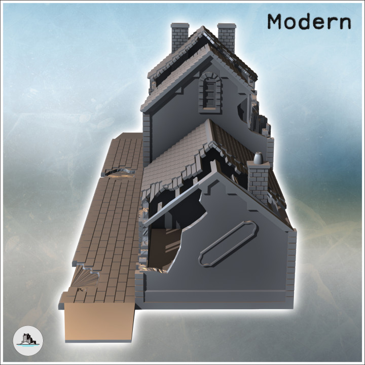 Building with paved sidewalk with inclined access and two side wings (ruined version) (8) - Modern WW2 WW1 World War Diaroma Wargaming RPG Mini Hobby