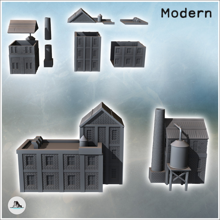 Set of two brick industrial buildings with adjacent tanks and evacuation chimney (10) - Modern WW2 WW1 World War Diaroma Wargaming RPG Mini Hobby