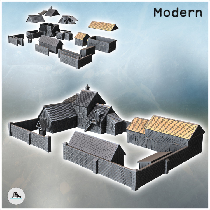Set of rural farm with multiple buildings, barn, well, and stone enclosure walls (12) - Modern WW2 WW1 World War Diaroma Wargaming RPG Mini Hobby image
