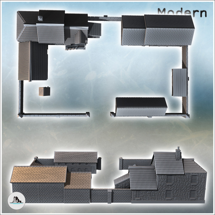 Set of rural farm with multiple buildings, barn, well, and stone enclosure walls (12) - Modern WW2 WW1 World War Diaroma Wargaming RPG Mini Hobby image