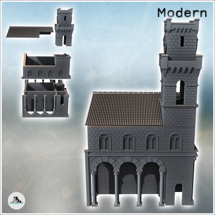 Large classical tile-roofed building with stone walls, clock tower (intact version) (16) - Modern WW2 WW1 World War Diaroma Wargaming RPG Mini Hobby image