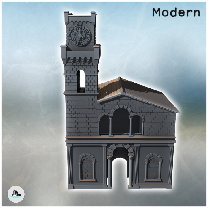 Large classical tile-roofed building with stone walls, clock tower (intact version) (16) - Modern WW2 WW1 World War Diaroma Wargaming RPG Mini Hobby image