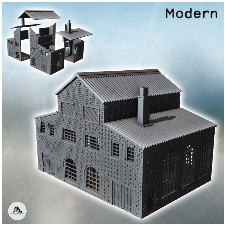 Large brick industrial warehouse with triple roofs, large wooden access doors, and a chimney (19) - Modern WW2 WW1 World War Diaroma Wargaming RPG Mini Hobby image