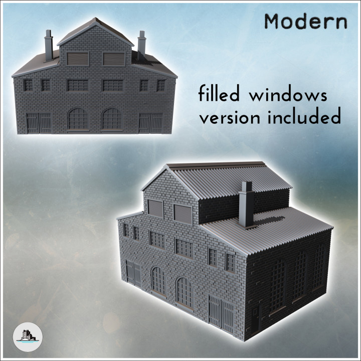 Large brick industrial warehouse with triple roofs, large wooden access doors, and a chimney (19) - Modern WW2 WW1 World War Diaroma Wargaming RPG Mini Hobby image