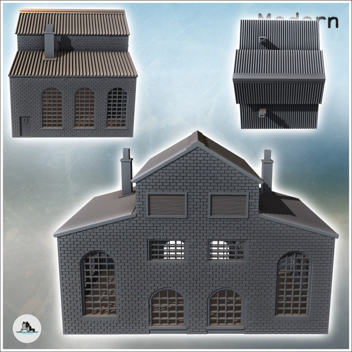 Large brick industrial warehouse with triple roofs, large wooden access doors, and a chimney (19) - Modern WW2 WW1 World War Diaroma Wargaming RPG Mini Hobby