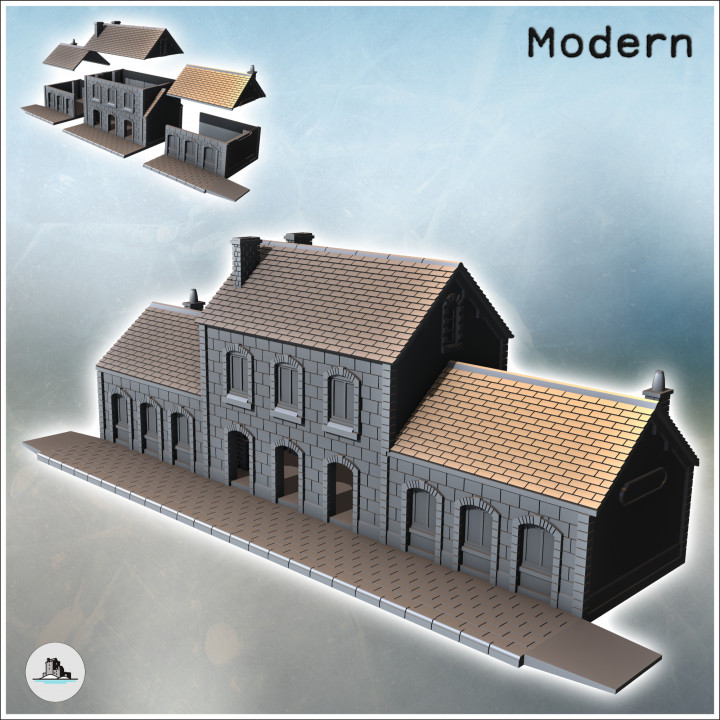 Building with paved sidewalk with inclined access and two side wings (intact version) (27) - Modern WW2 WW1 World War Diaroma Wargaming RPG Mini Hobby image