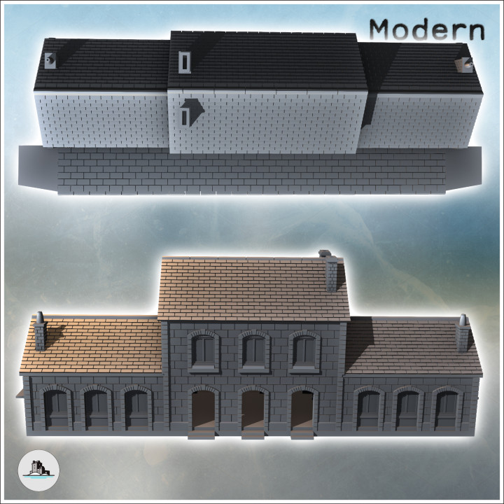 Building with paved sidewalk with inclined access and two side wings (intact version) (27) - Modern WW2 WW1 World War Diaroma Wargaming RPG Mini Hobby image