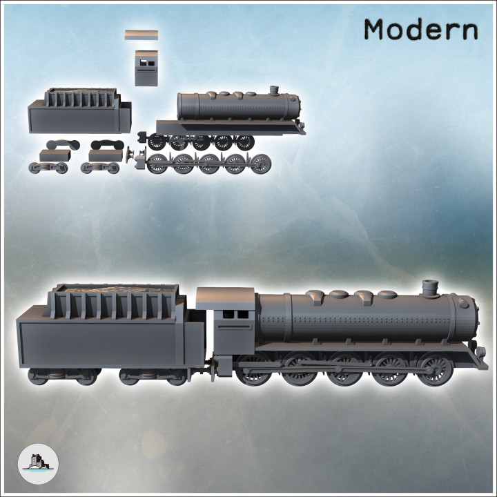 Set of steam locomotive with five axles and a coal wagon at the rear (1) - Modern WW2 WW1 World War Diaroma Wargaming RPG Mini Hobby