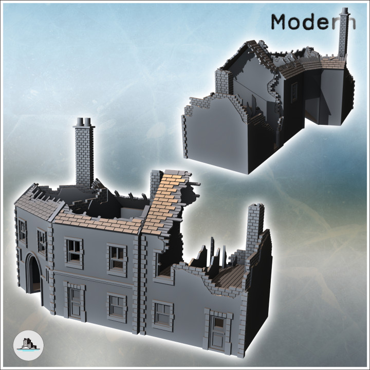 Set of two damaged buildings with a large central arch for passage, a chimney (38) - Modern WW2 WW1 World War Diaroma Wargaming RPG Mini Hobby image