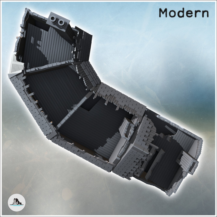 Set of two damaged buildings with a large central arch for passage, a chimney (38) - Modern WW2 WW1 World War Diaroma Wargaming RPG Mini Hobby