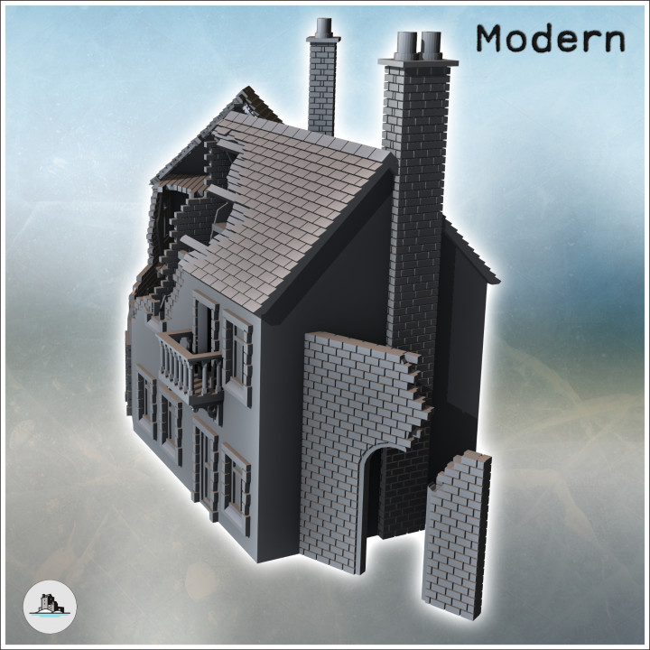 Set of two damaged buildings with visible interiors, double chimneys, balcony, and exterior parapet (39) - Modern WW2 WW1 World War Diaroma Wargaming RPG Mini Hobby