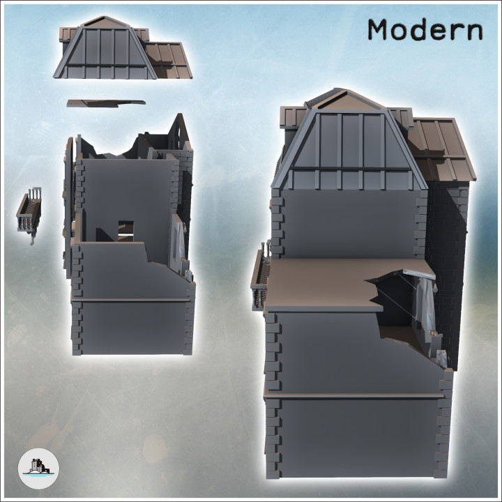 Large building with a zinc roof, hewn stone base, and flat-roofed side annexes (ruined version) (34) - Modern WW2 WW1 World War Diaroma Wargaming RPG Mini Hobby