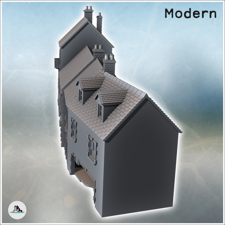Set of four attached European ruined houses with chimneys and roof windows (22) - Modern WW2 WW1 World War Diaroma Wargaming RPG Mini Hobby
