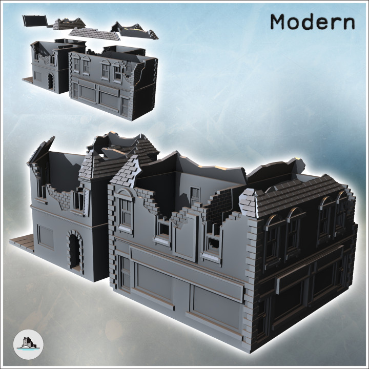Set of two ruined urban buildings with tiled roofs, exposed bricks, and ground floor shops (35) - Modern WW2 WW1 World War Diaroma Wargaming RPG Mini Hobby image