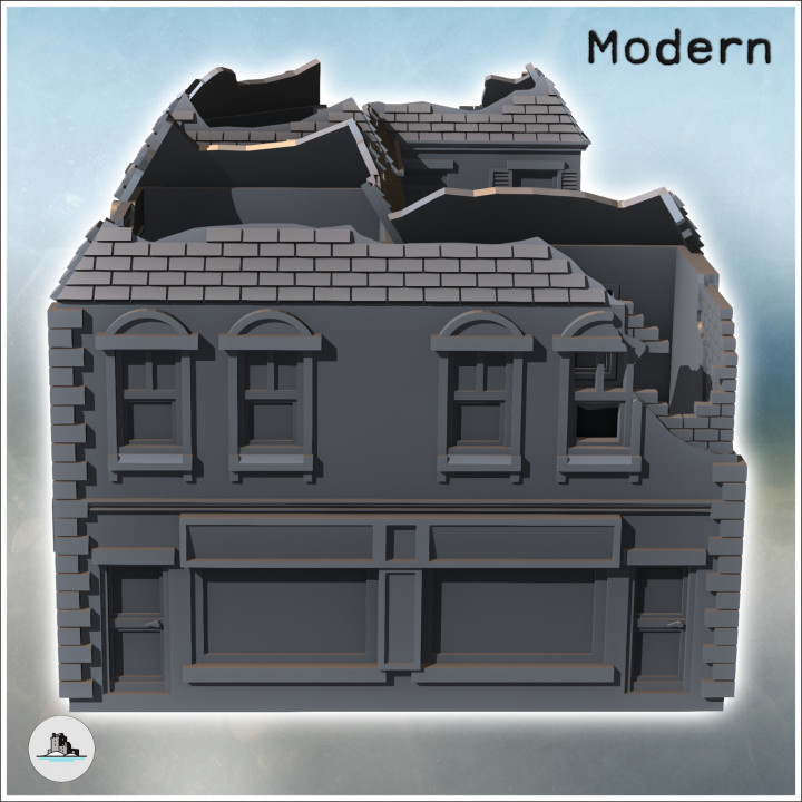 Set of two ruined urban buildings with tiled roofs, exposed bricks, and ground floor shops (35) - Modern WW2 WW1 World War Diaroma Wargaming RPG Mini Hobby image
