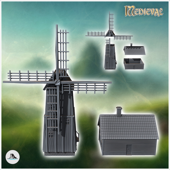 Set of wooden mill on a square base with an annex farm building with a chimney (33) - Modern WW2 WW1 World War Diaroma Wargaming RPG Mini Hobby image