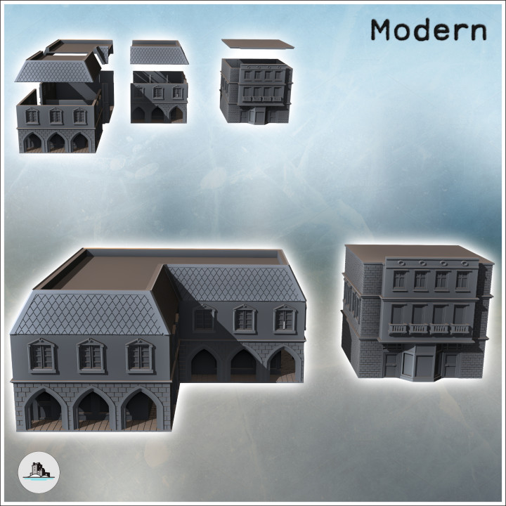 Set of two modern flat-roofed buildings with a large colonnade passage and brick walls (24) - Modern WW2 WW1 World War Diaroma Wargaming RPG Mini Hobby image