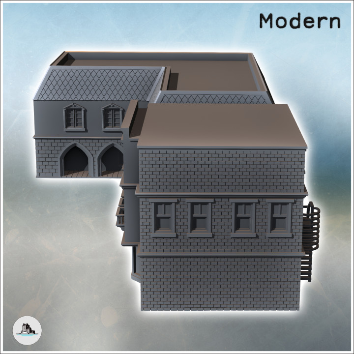 Set of two modern flat-roofed buildings with a large colonnade passage and brick walls (24) - Modern WW2 WW1 World War Diaroma Wargaming RPG Mini Hobby image