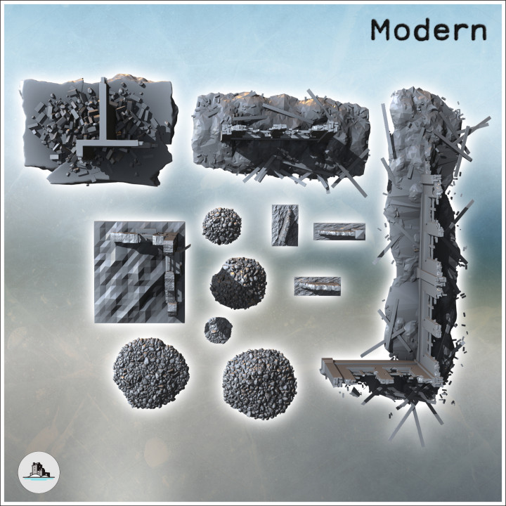 Set of ruins with wall sections, windows, and debris (1) - Modern WW2 WW1 World War Diaroma Wargaming RPG Mini Hobby