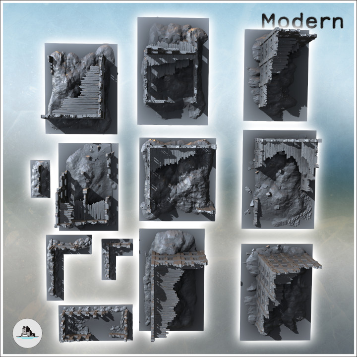 Set of twelve large modern and futuristic ruins with floors (4) - Modern WW2 WW1 World War Diaroma WW2 Zombie Wargaming RPG Mini Hobby