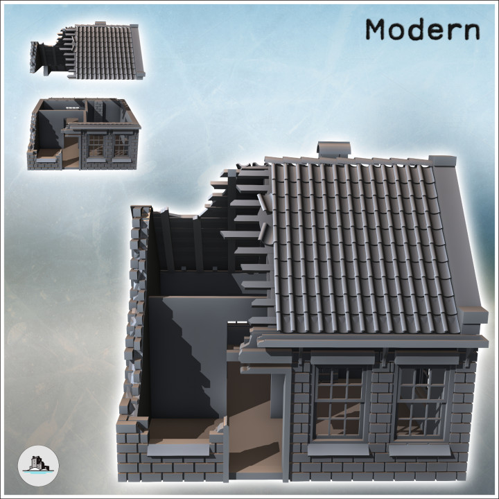 Single-story house with brick walls, tiled roof, and rear annex (9) - Modern WW2 WW1 World War Diaroma Wargaming RPG Mini Hobby