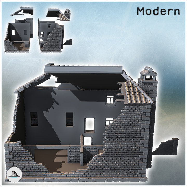 Partially destroyed large brick building with passage arch and access stairs (11) - Modern WW2 WW1 World War Diaroma Wargaming RPG Mini Hobby