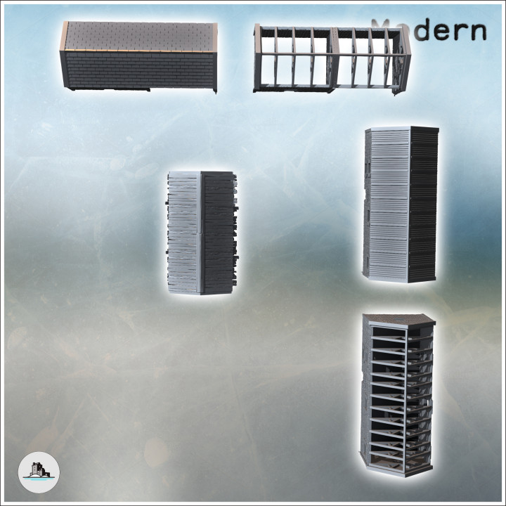 Set of four cinder block buildings with a roofed canopy (12) - Modern WW2 WW1 World War Diaroma Wargaming RPG Mini Hobby