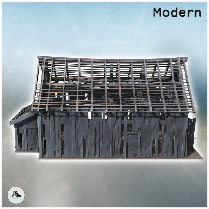 Ruined wooden building with exposed framework, side annex, and large doors (17) - Modern WW2 WW1 World War Diaroma Wargaming RPG Mini Hobby image