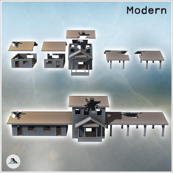 Damaged building with a central tower, tin roof, and large side awning (23) - Modern WW2 WW1 World War Diaroma Wargaming RPG Mini Hobby