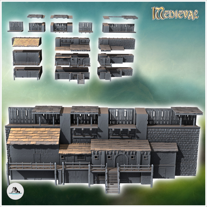 Medieval defensive wall with dwelling (version with raised house) - Medieval Gothic Feudal Old Archaic Saga 28mm 15mm RPG image
