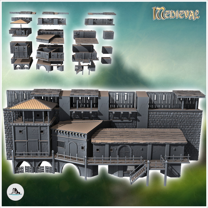 Medieval defensive wall with dwelling (version with house and tower) - Medieval Gothic Feudal Old Archaic Saga 28mm 15mm RPG image