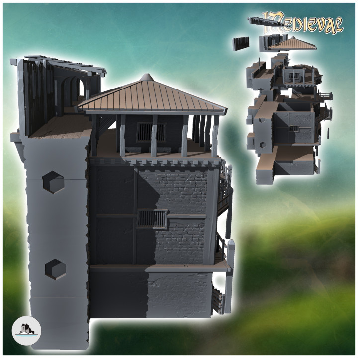 Medieval defensive wall with dwelling (version with house and tower) - Medieval Gothic Feudal Old Archaic Saga 28mm 15mm RPG image