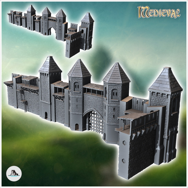 Modular set of medieval defensive walls with wooden towers and walkway (17) - Medieval Gothic Feudal Old Archaic Saga 28mm 15mm RPG image