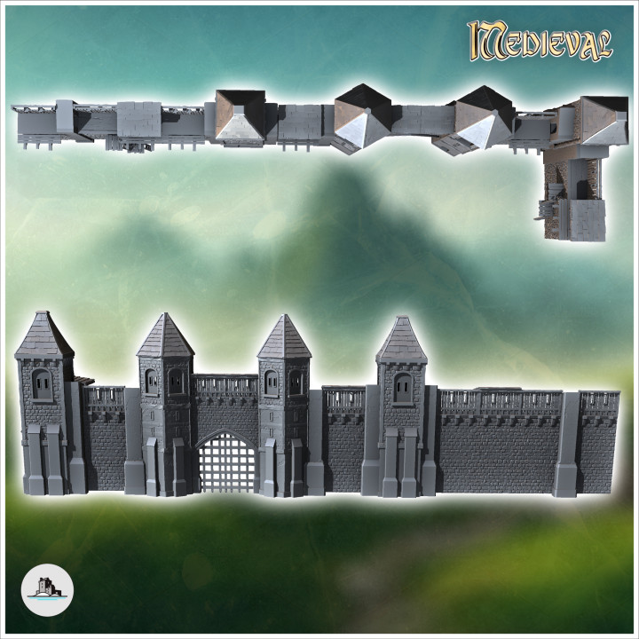 Modular set of medieval defensive walls with wooden towers and walkway (17) - Medieval Gothic Feudal Old Archaic Saga 28mm 15mm RPG image