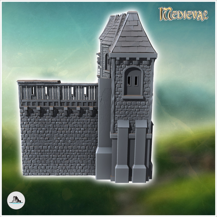 Modular set of medieval defensive walls with wooden towers and walkway (17) - Medieval Gothic Feudal Old Archaic Saga 28mm 15mm RPG image