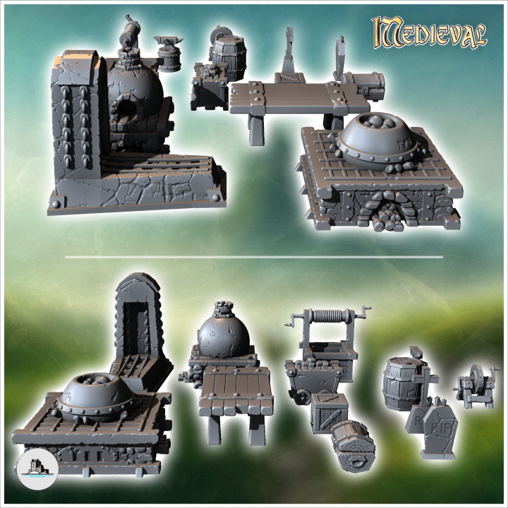 Set of medieval village accessories with well and forge (10) - Medieval Fantasy Magic Feudal Old Archaic Saga 28mm 15mm