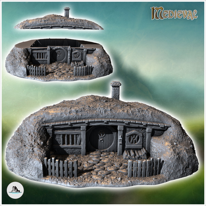 Hobbit house under ground with round door and fireplace (28) - Medieval Fantasy Magic Feudal Old Archaic Saga 28mm 15mm image