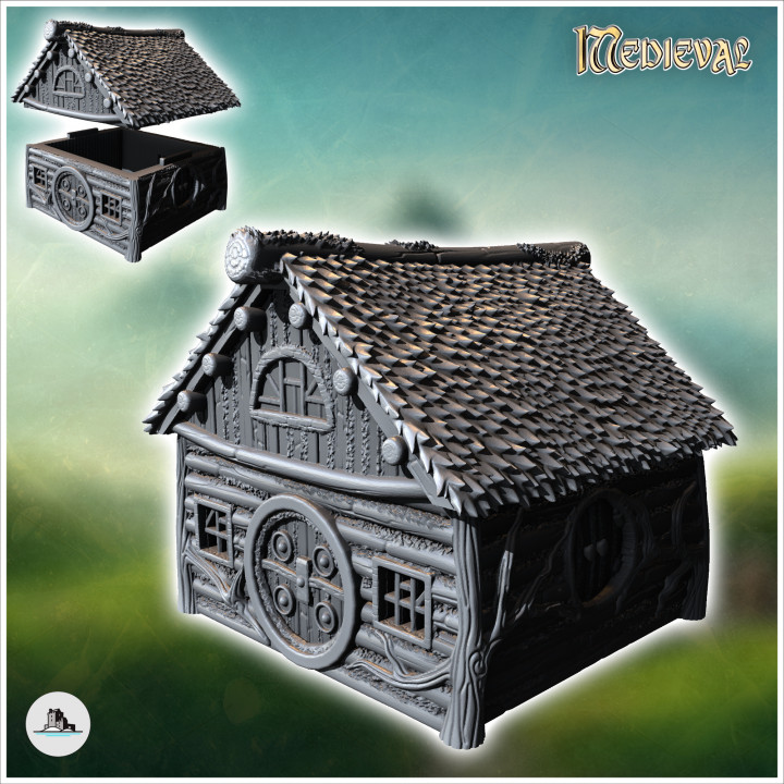 Medieval hobbit house with round door and log walls (13) - Medieval Fantasy Magic Feudal Old Archaic Saga 28mm 15mm image