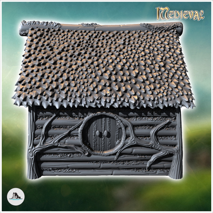 Medieval hobbit house with round door and log walls (13) - Medieval Fantasy Magic Feudal Old Archaic Saga 28mm 15mm