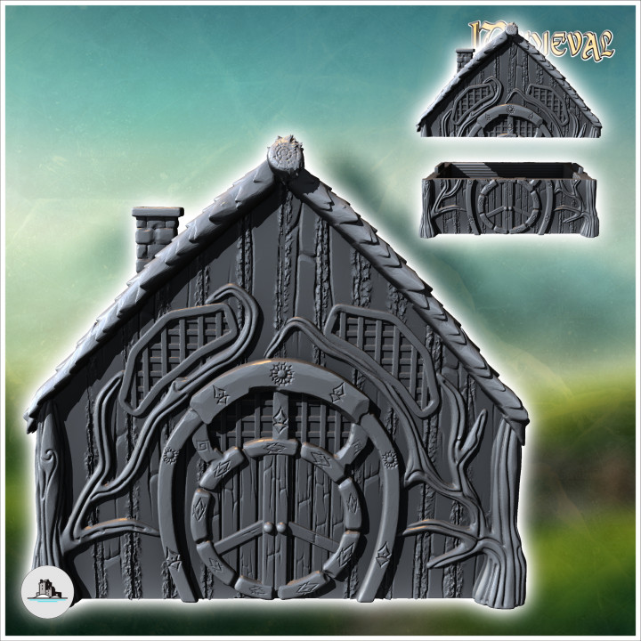 Medieval hobbit house with pitched roof and round door (14) - Medieval Fantasy Magic Feudal Old Archaic Saga 28mm 15mm image