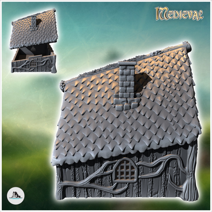 Medieval hobbit house with pitched roof and round door (14) - Medieval Fantasy Magic Feudal Old Archaic Saga 28mm 15mm image