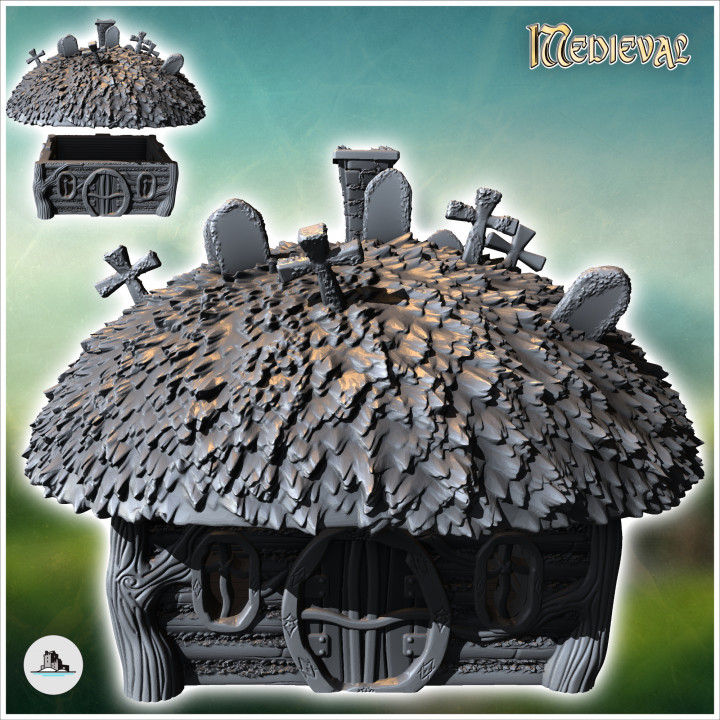 Round medieval hobbit house with cross on roof and round door (15) - Medieval Fantasy Magic Feudal Old Archaic Saga 28mm 15mm