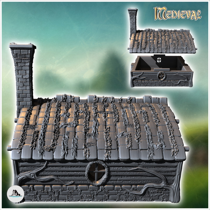 Round-door hobbit house with rounded roof and fireplace (16) - Medieval Fantasy Magic Feudal Old Archaic Saga 28mm 15mm image