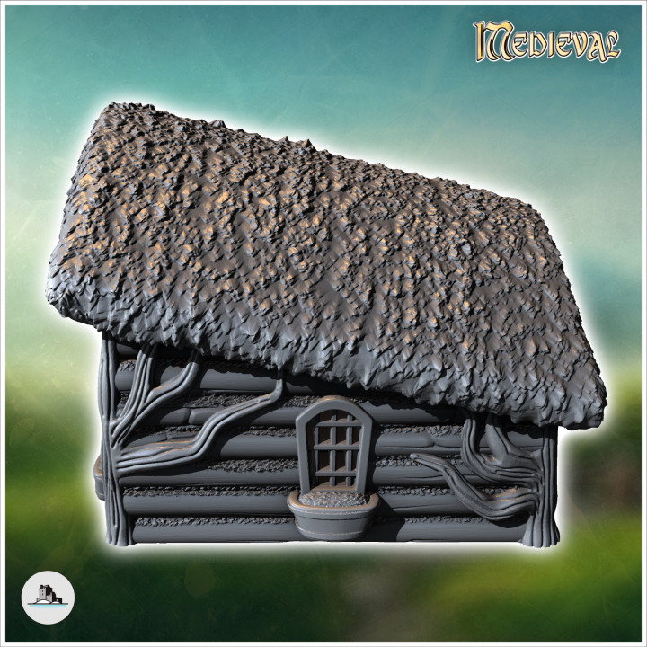 Hobbit house with sloping concave roof and round wooden door (18) - Medieval Fantasy Magic Feudal Old Archaic Saga 28mm 15mm