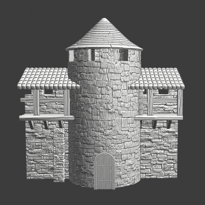 Medieval City Walls - Straight wall section with round tower