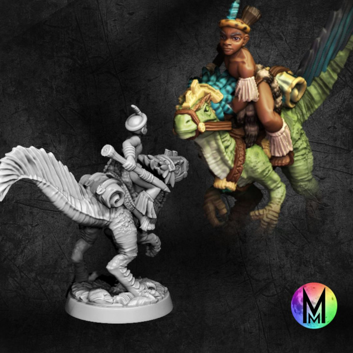 Heroic Kid Dinosaur Rider - Raptor rider Jabu ( Aztek / Zulu inspired boy on dino mount ) image