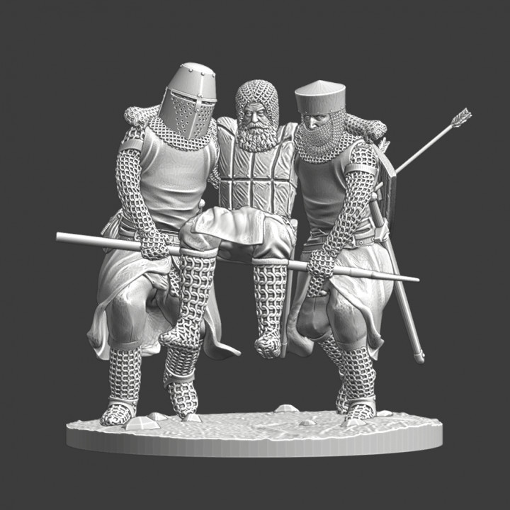 Medieval battlefield evacuation - Wounded knight scene image